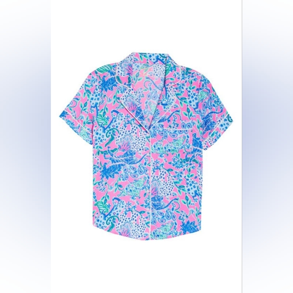 Lily Pulitzer Pajama Woven Short Sleeve Top Untamed Hearts Size S NEW - Picture 8 of 9